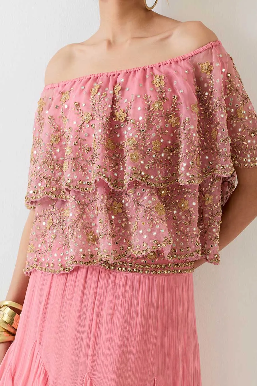 Pink Embellished Cape & Ruffle Skirt Set