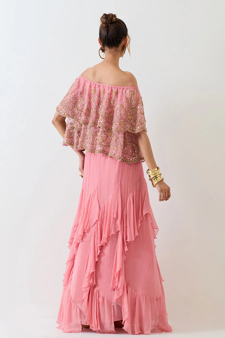 Pink Embellished Cape & Ruffle Skirt Set