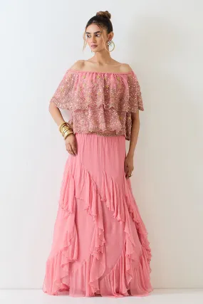 Pink Embellished Cape & Ruffle Skirt Set