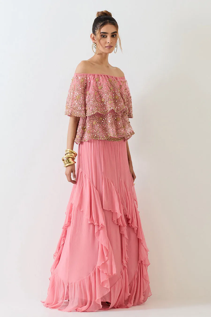 Pink Embellished Cape & Ruffle Skirt Set