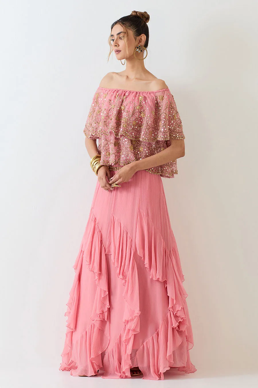 Pink Embellished Cape & Ruffle Skirt Set