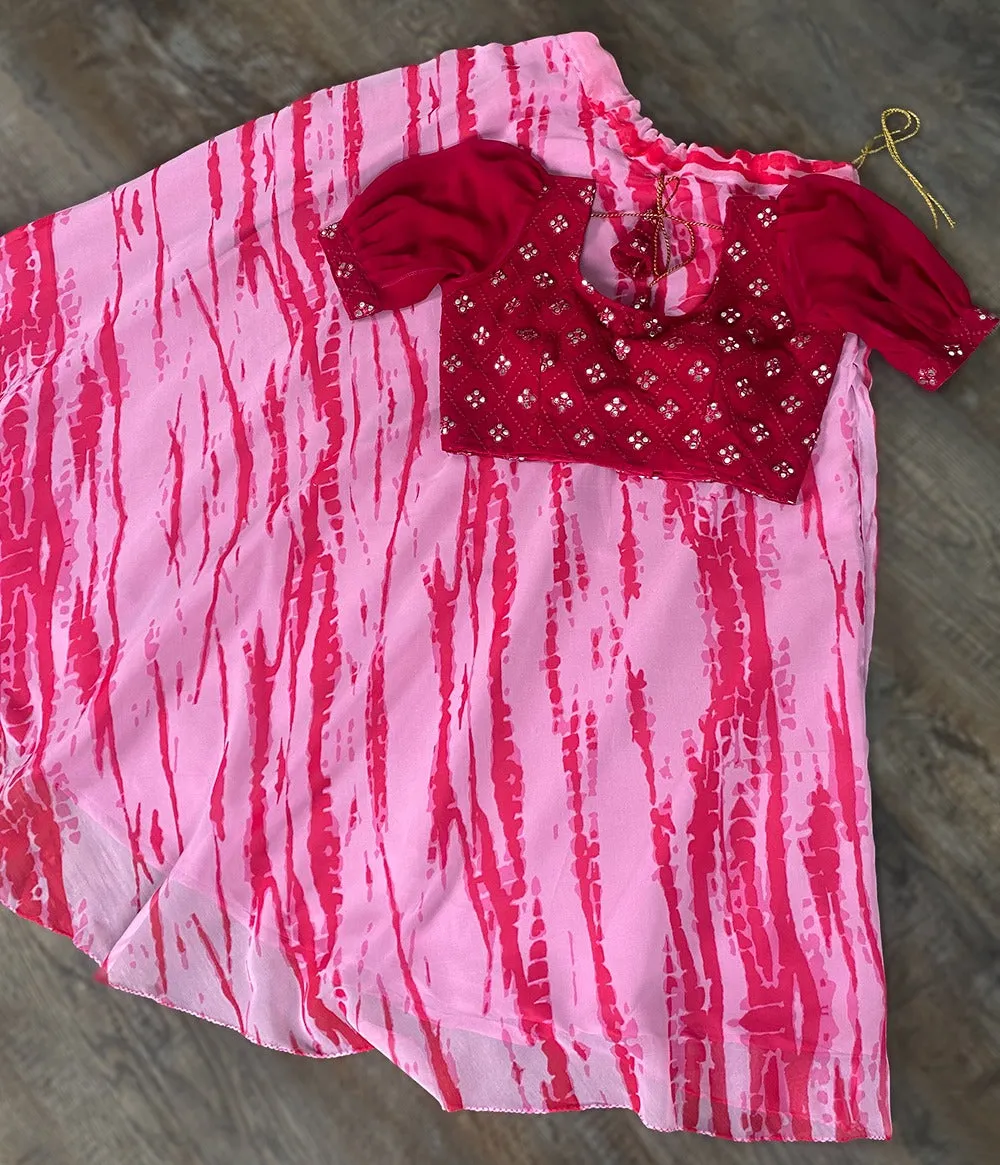 Pink Georgette Lehenga & Blouse Set with Lahariya Print & Mirrorwork