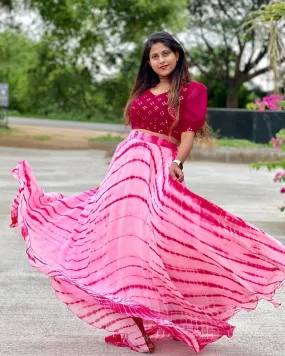 Pink Georgette Lehenga & Blouse Set with Lahariya Print & Mirrorwork