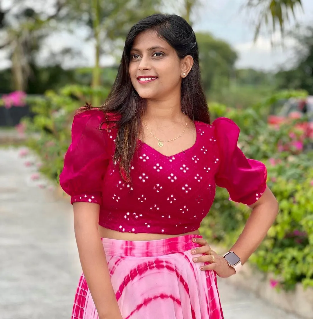Pink Georgette Lehenga & Blouse Set with Lahariya Print & Mirrorwork
