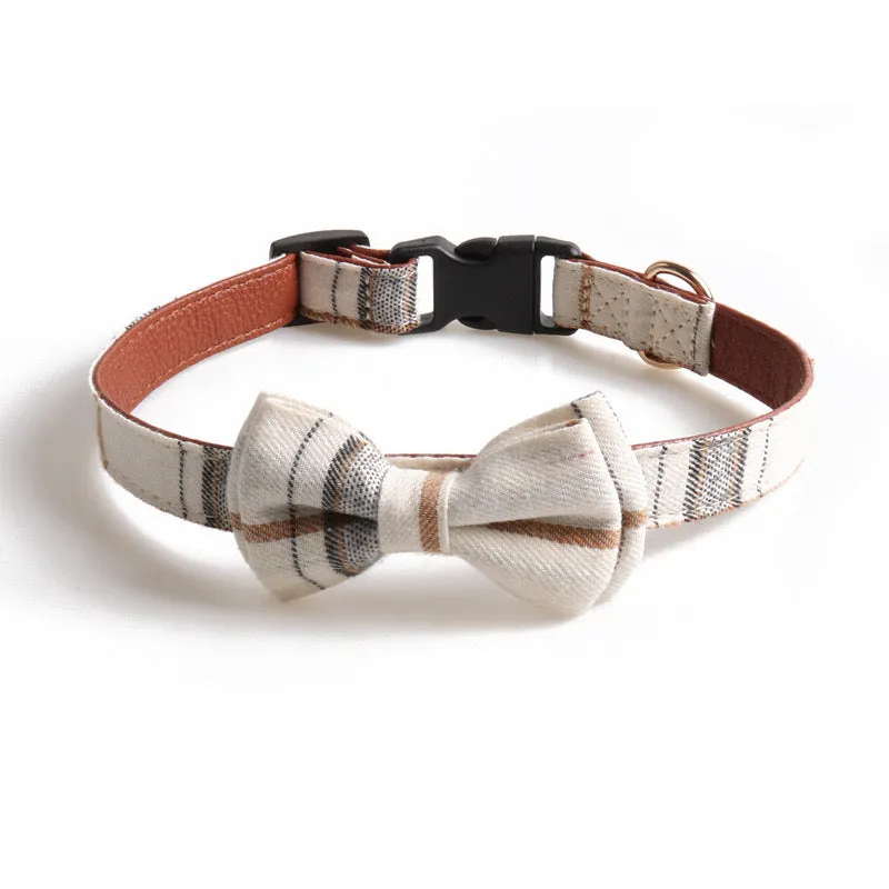 Plaid Bowtie Pet Collar - White