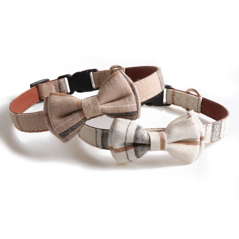 Plaid Bowtie Pet Collar - White