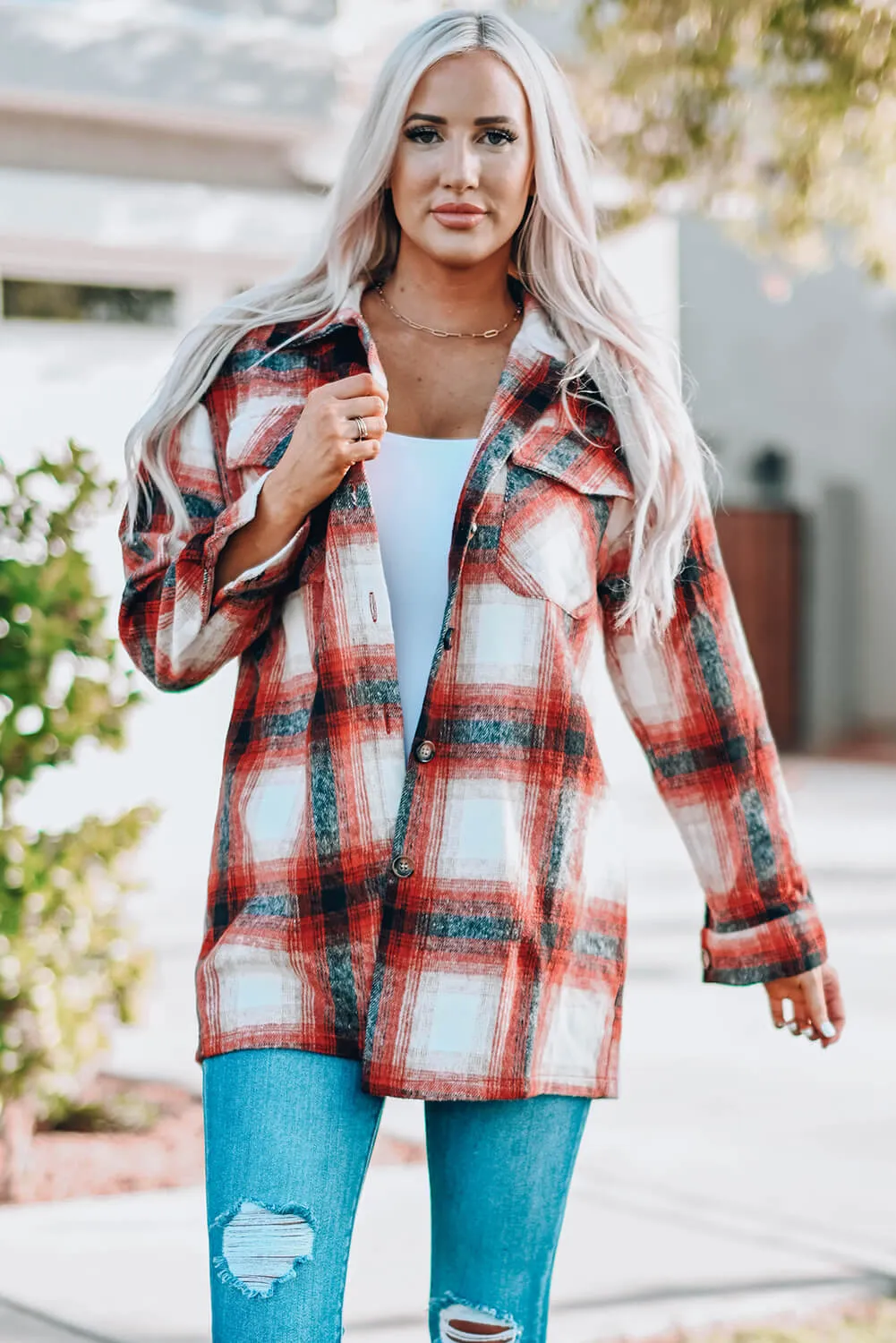 Plaid Button Up, Red Plaid Shirt /Jacket with Pockets