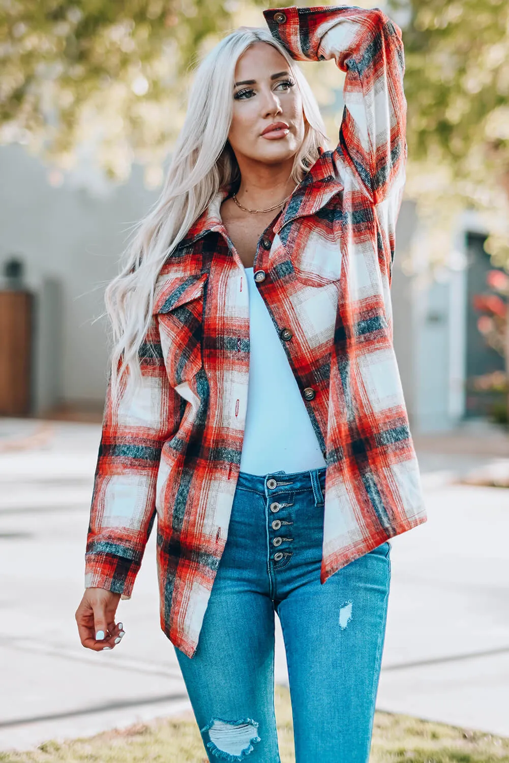 Plaid Button Up, Red Plaid Shirt /Jacket with Pockets