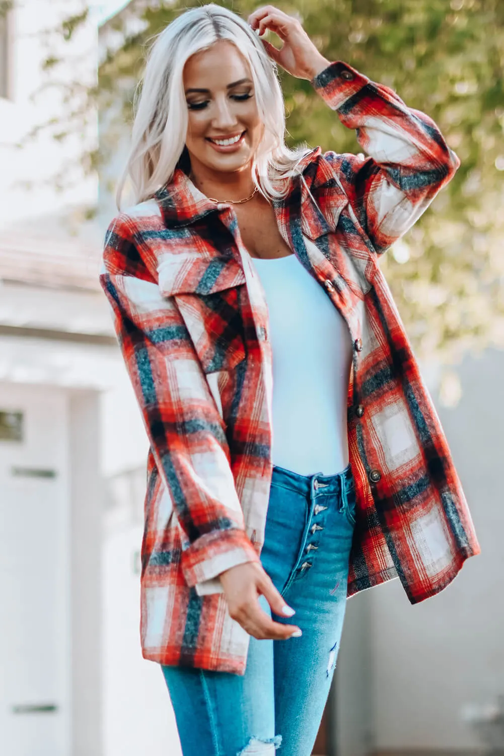Plaid Button Up, Red Plaid Shirt /Jacket with Pockets
