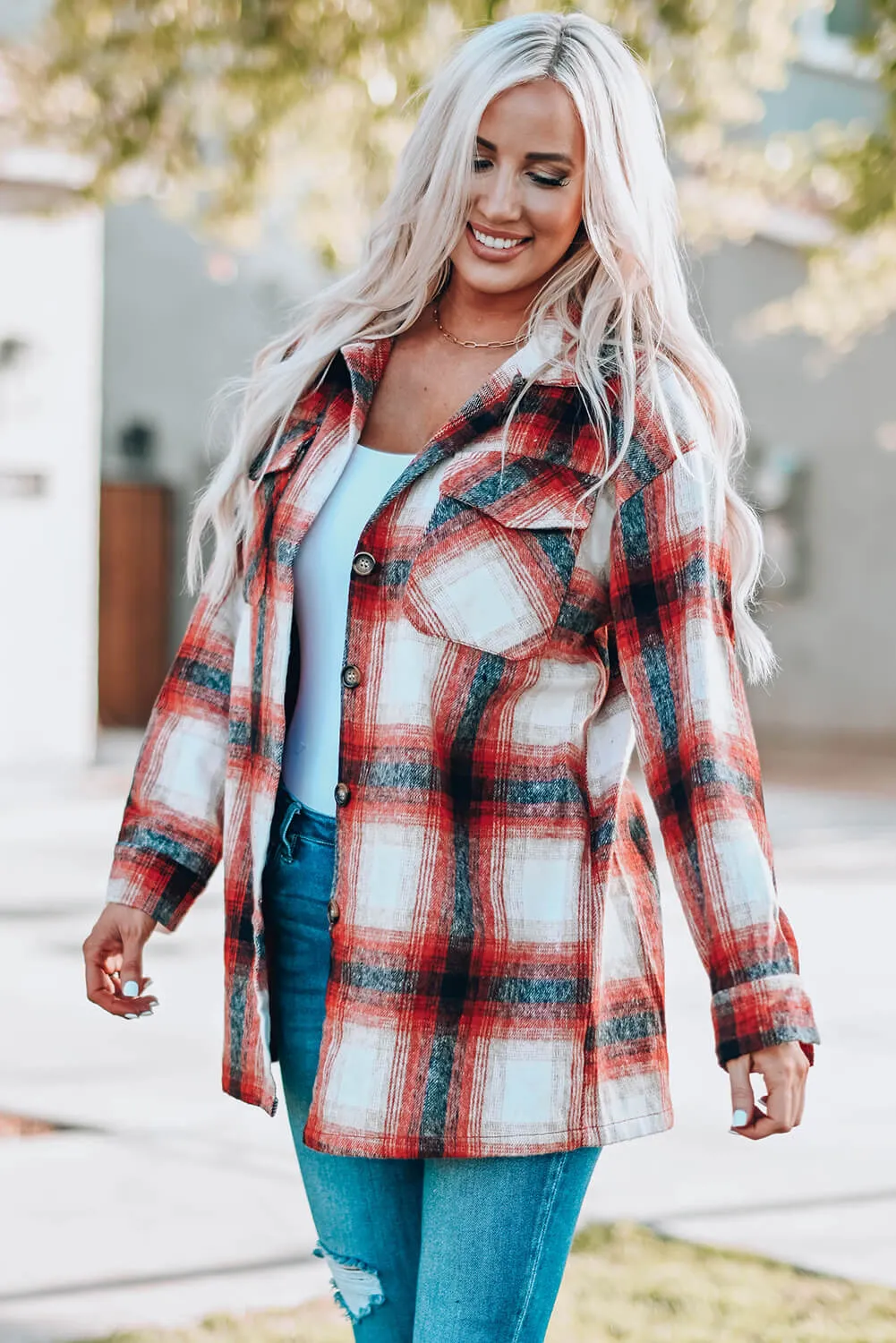 Plaid Button Up, Red Plaid Shirt /Jacket with Pockets