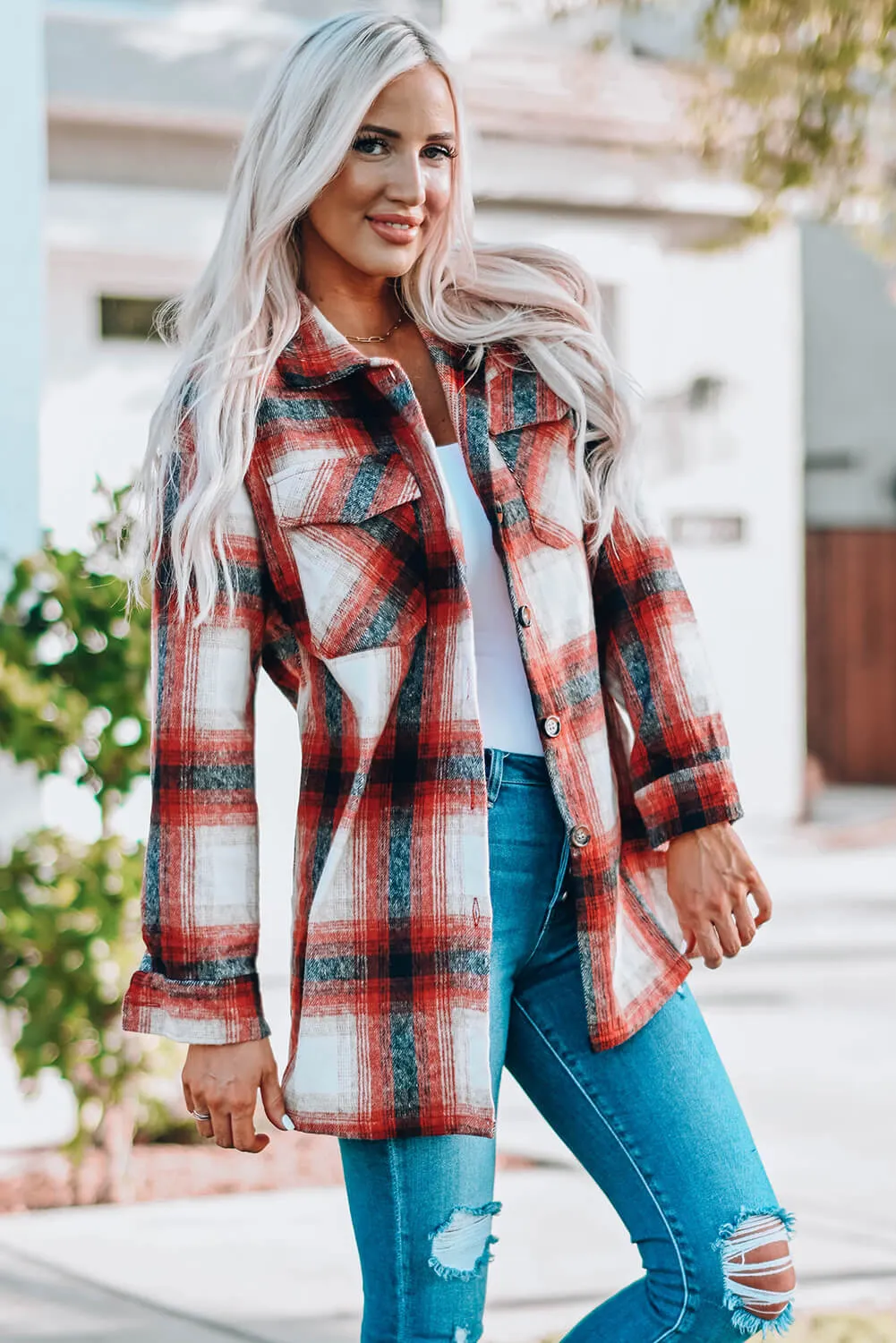 Plaid Button Up, Red Plaid Shirt /Jacket with Pockets