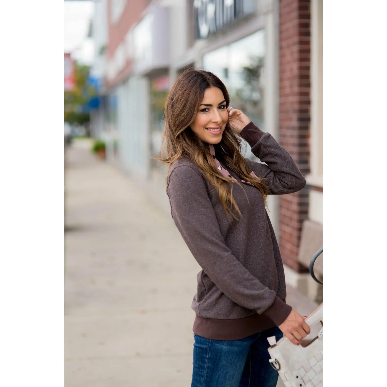 Pocket & Button Accented Pullover