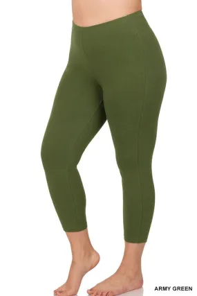Premium Cotton Capri Leggings (Plus) - Army Green