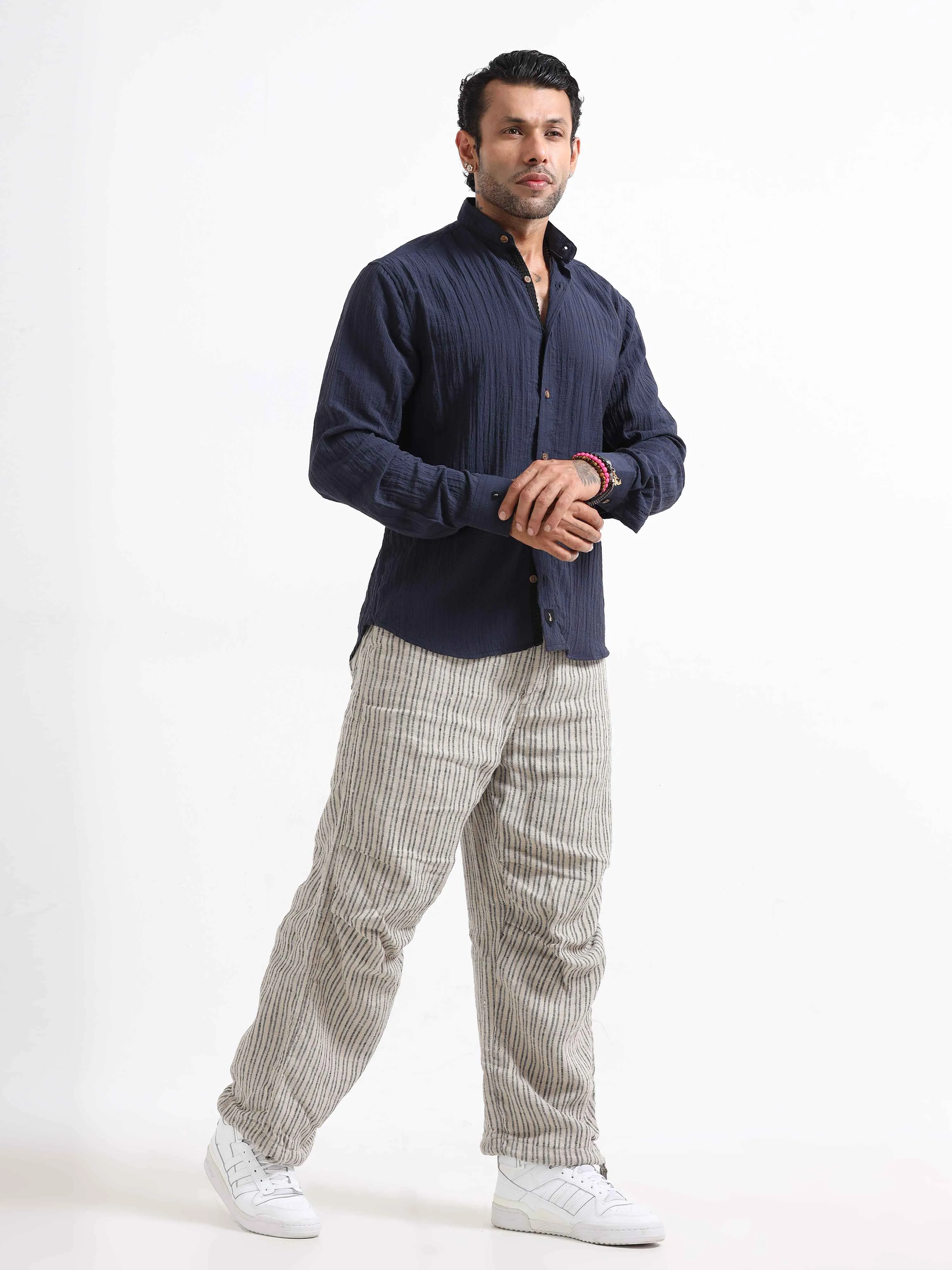 Premium Crushed Mandarin Shirt In Blue
