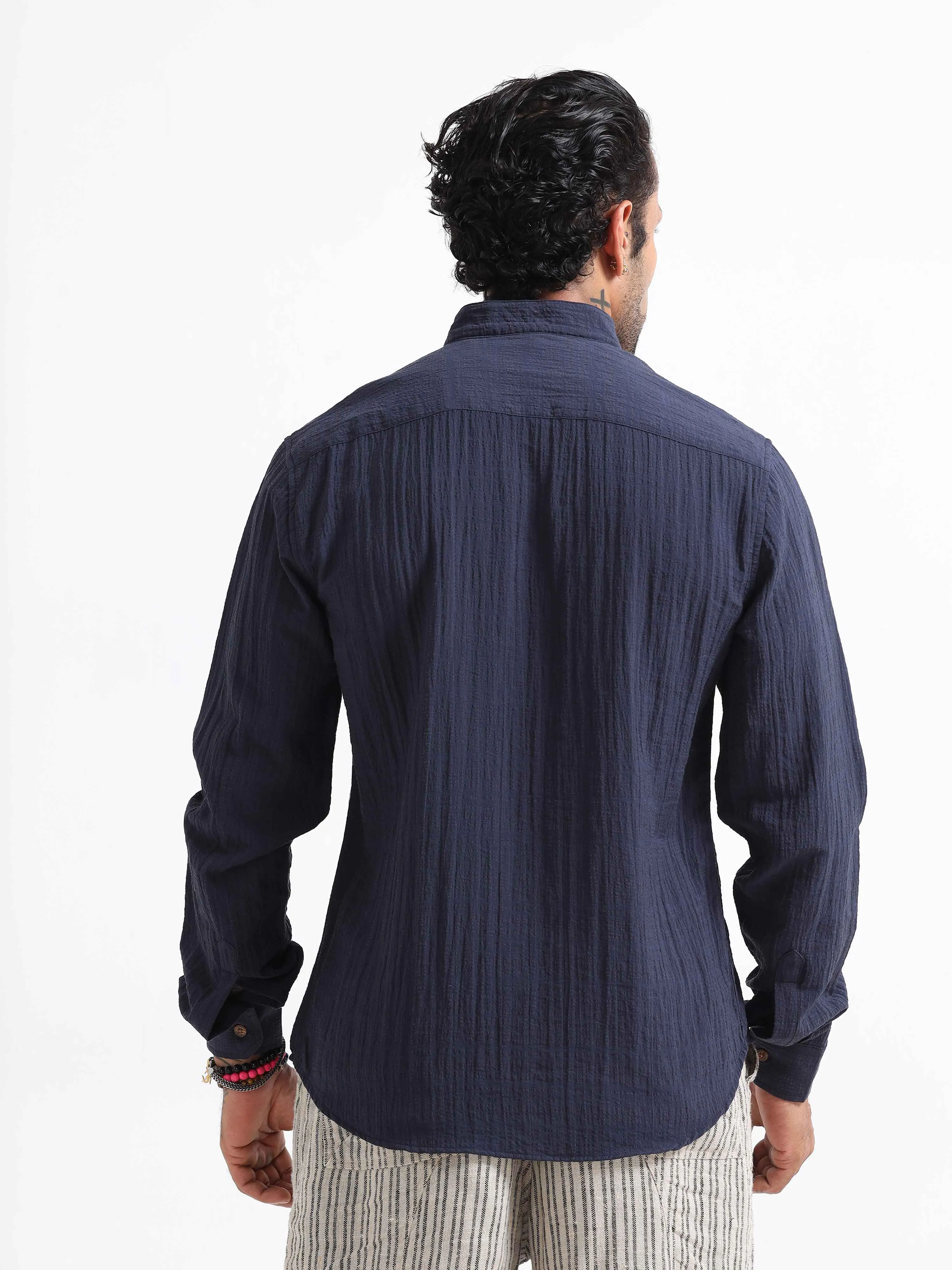 Premium Crushed Mandarin Shirt In Blue