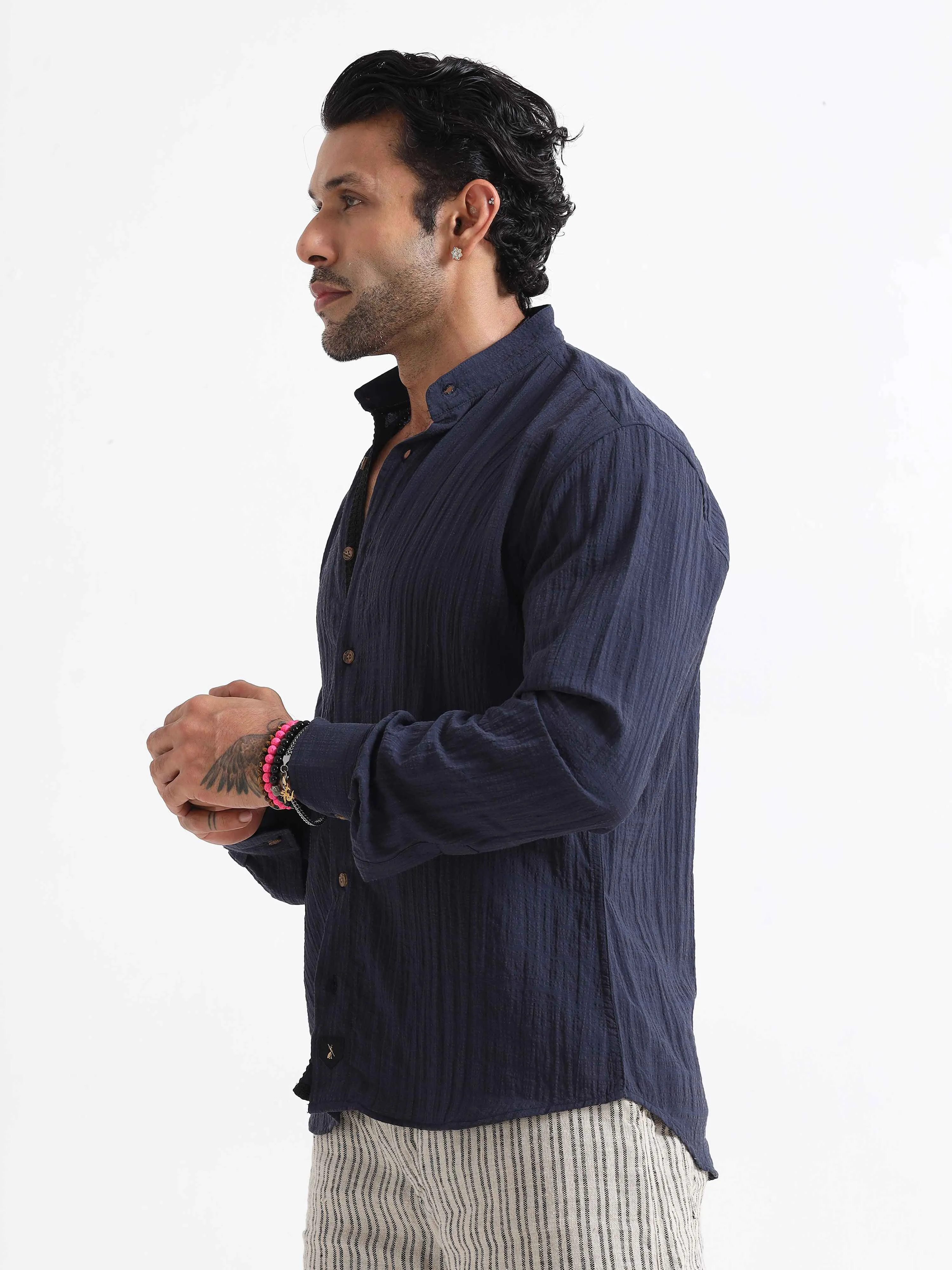 Premium Crushed Mandarin Shirt In Blue