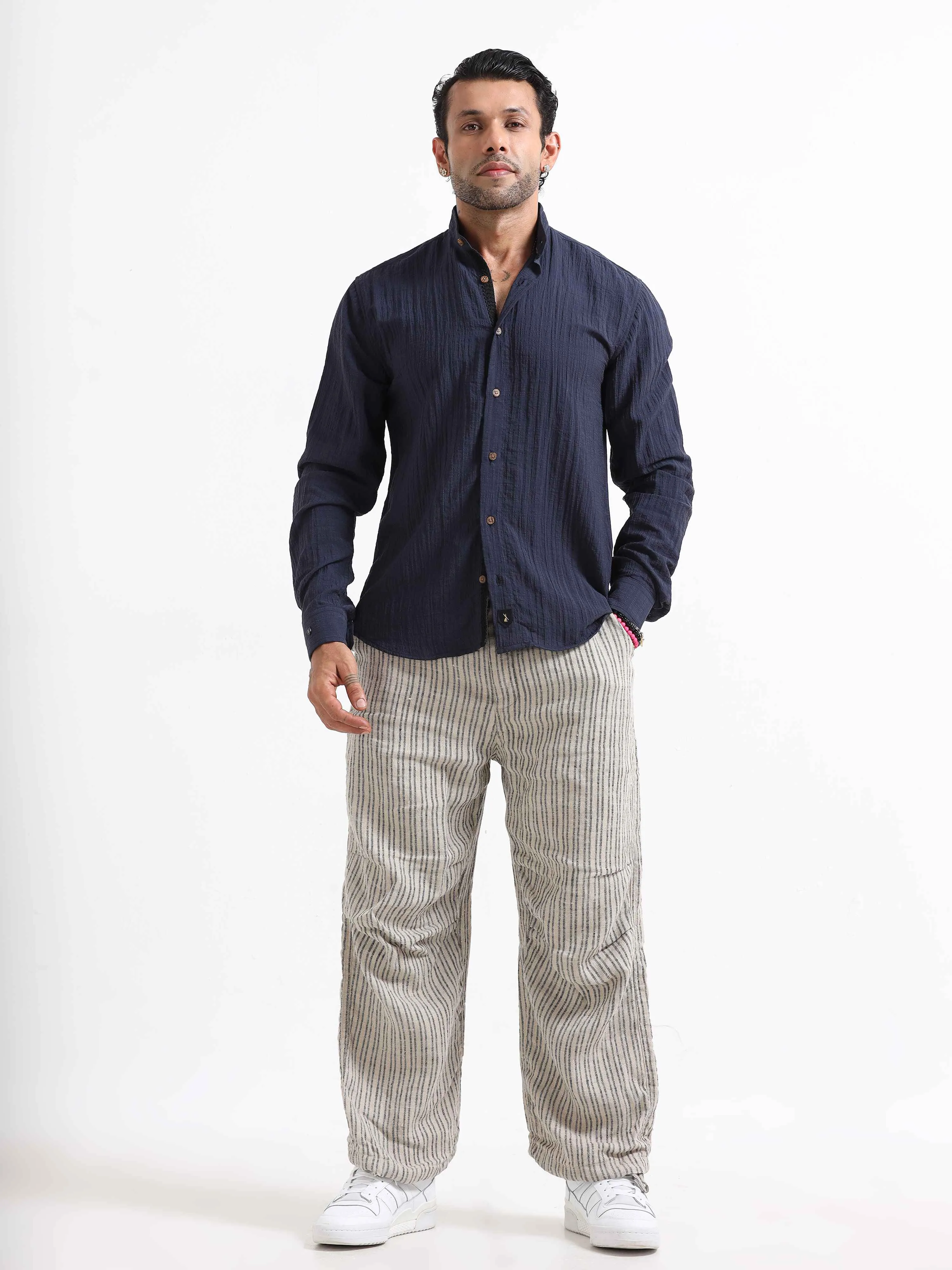Premium Crushed Mandarin Shirt In Blue