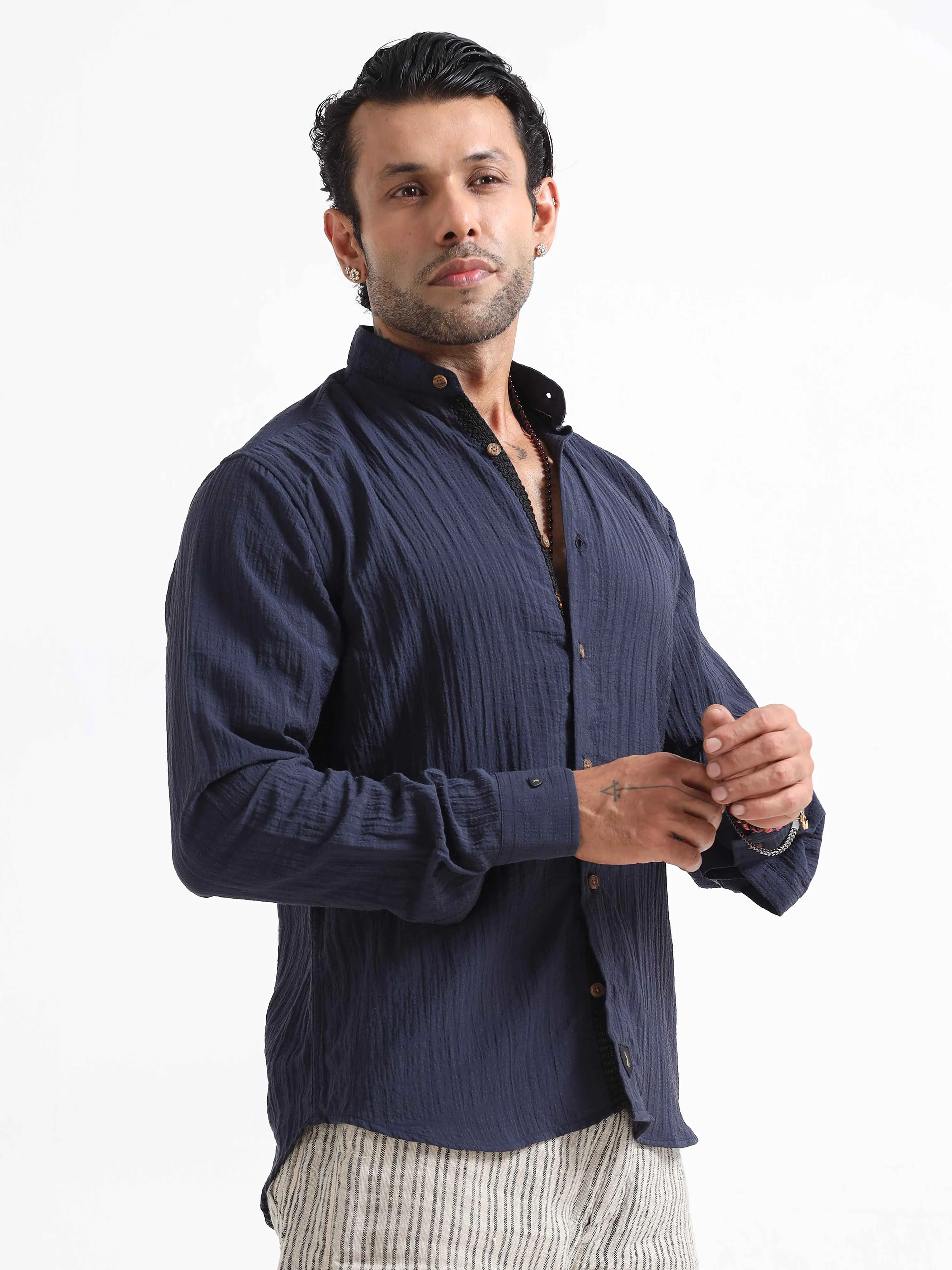 Premium Crushed Mandarin Shirt In Blue