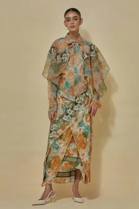 Printed Organza Shirt With Printed Draped Skirt