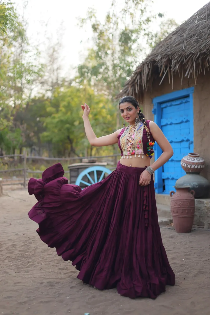 Purple Rayon Lehenga Set with Embroidered Gamthi Work