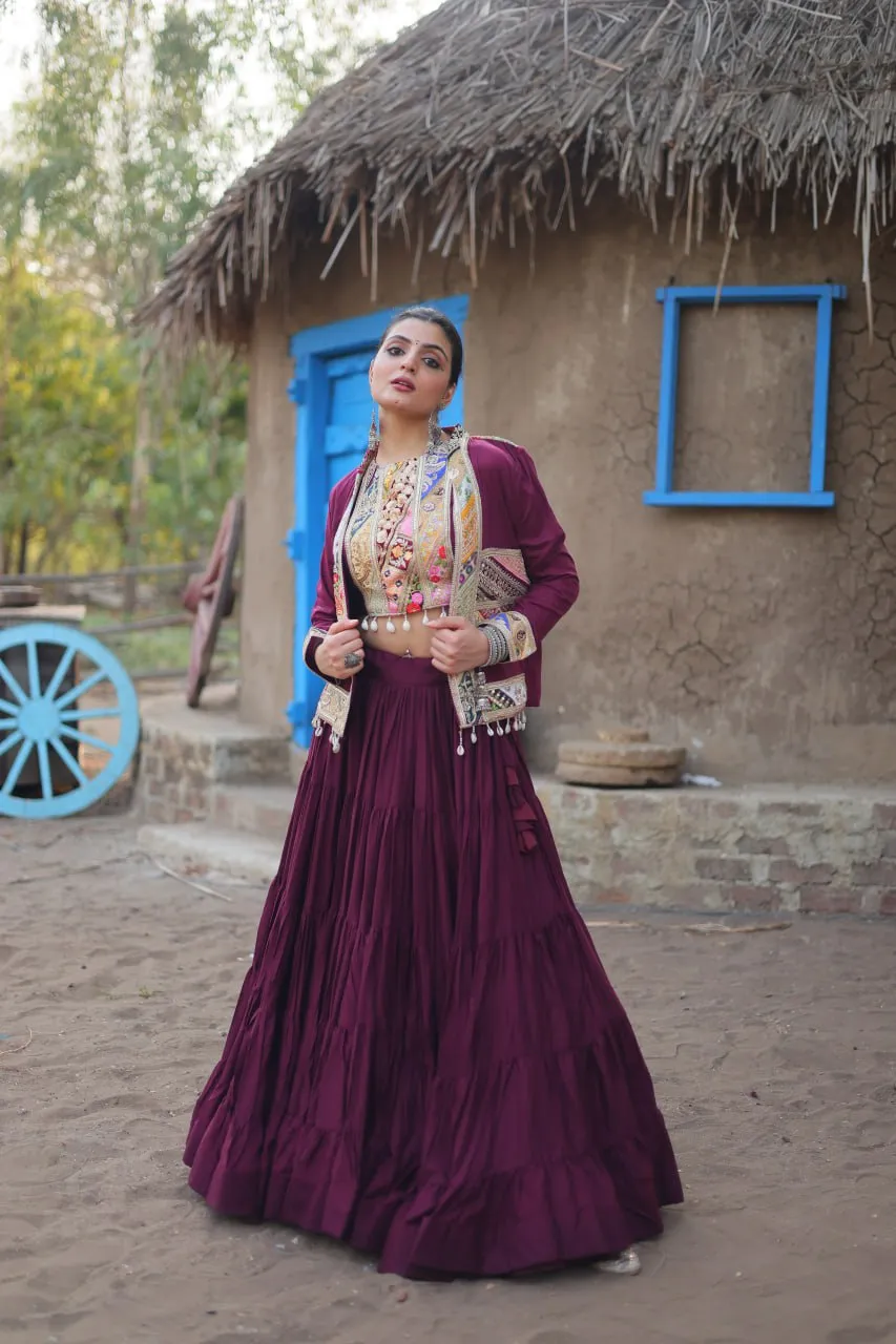 Purple Rayon Lehenga Set with Embroidered Gamthi Work