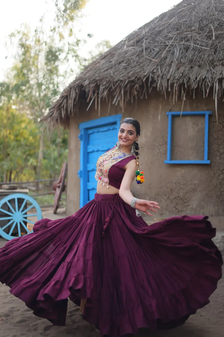 Purple Rayon Lehenga Set with Embroidered Gamthi Work
