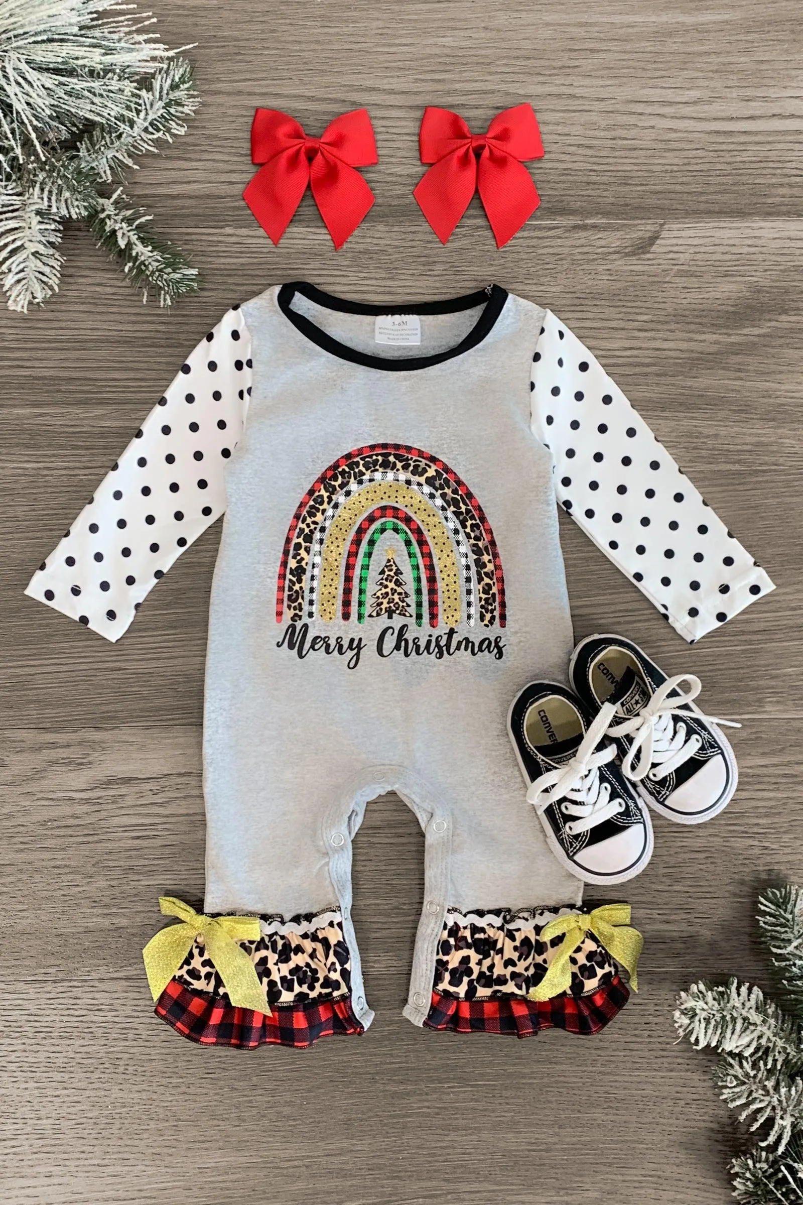 "Merry Christmas" Gray Polka Dot Romper