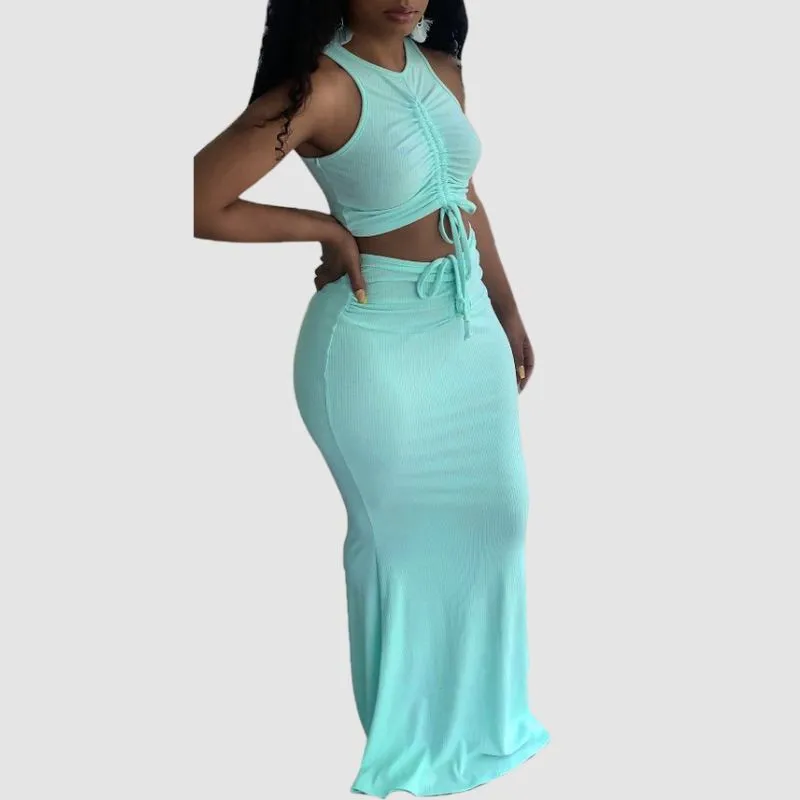 Ribbed Knit Drawstring Maxi Skirt Set