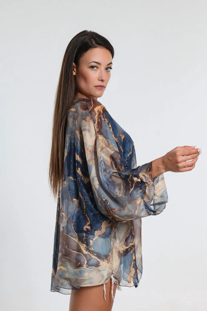 Rosana Marble Silk Sheer Blouse w/Tank (BQ240M)