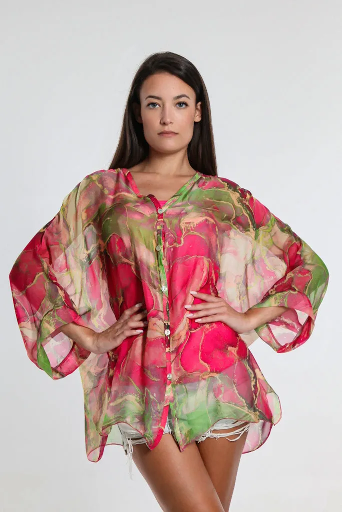Rosana Marble Silk Sheer Blouse w/Tank (BQ240M)
