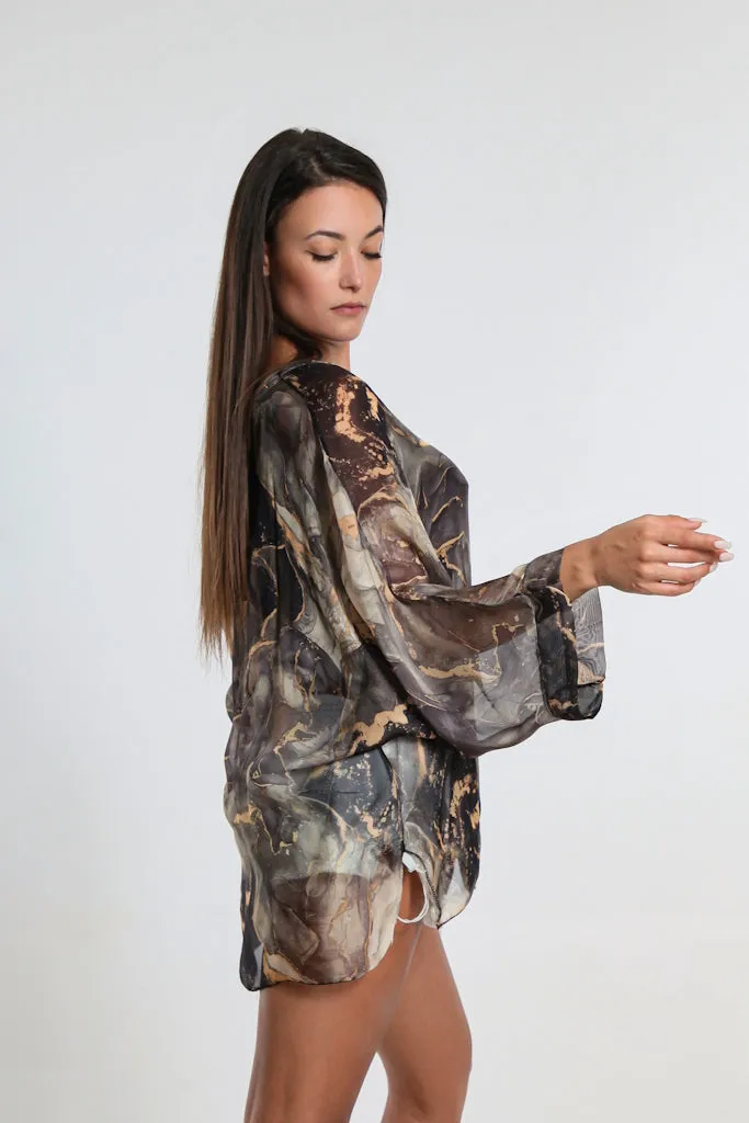 Rosana Marble Silk Sheer Blouse w/Tank (BQ240M)