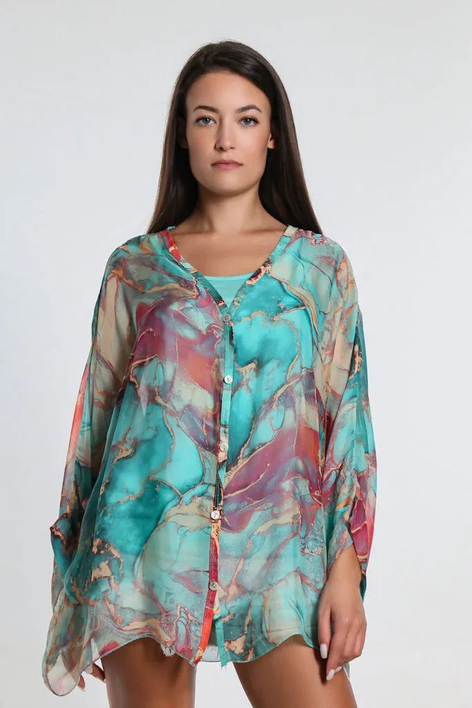 Rosana Marble Silk Sheer Blouse w/Tank (BQ240M)