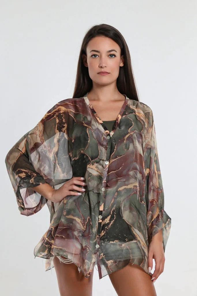Rosana Marble Silk Sheer Blouse w/Tank (BQ240M)