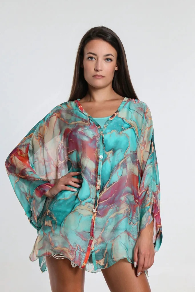 Rosana Marble Silk Sheer Blouse w/Tank (BQ240M)