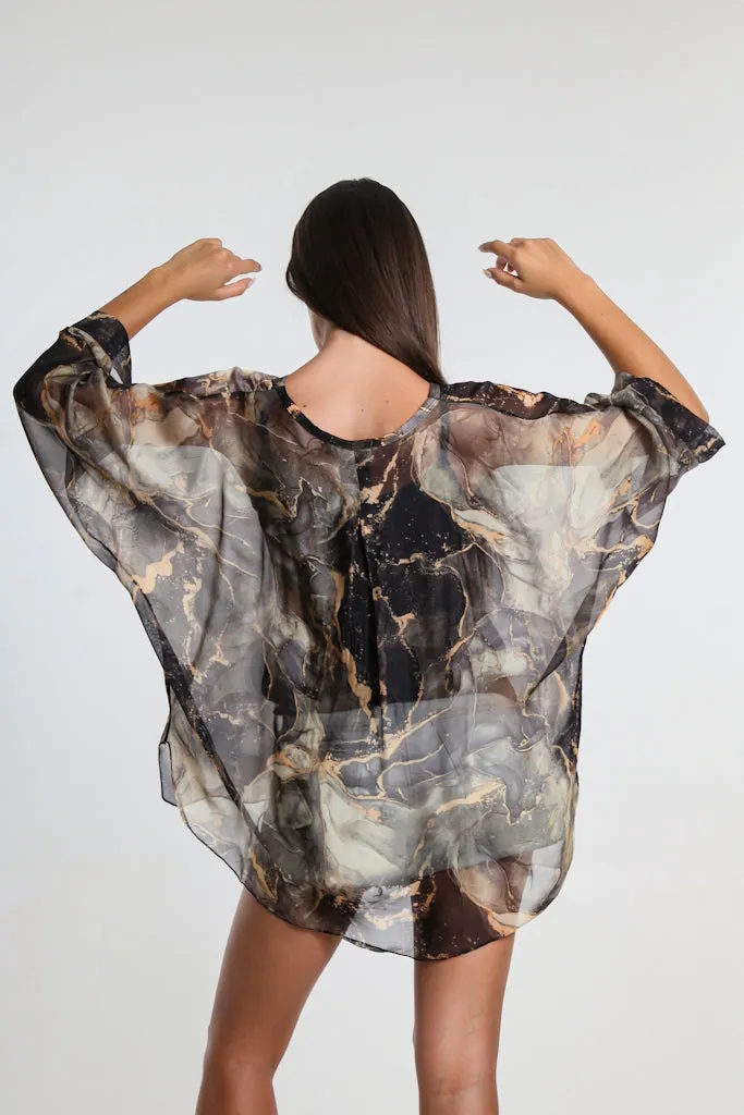 Rosana Marble Silk Sheer Blouse w/Tank (BQ240M)