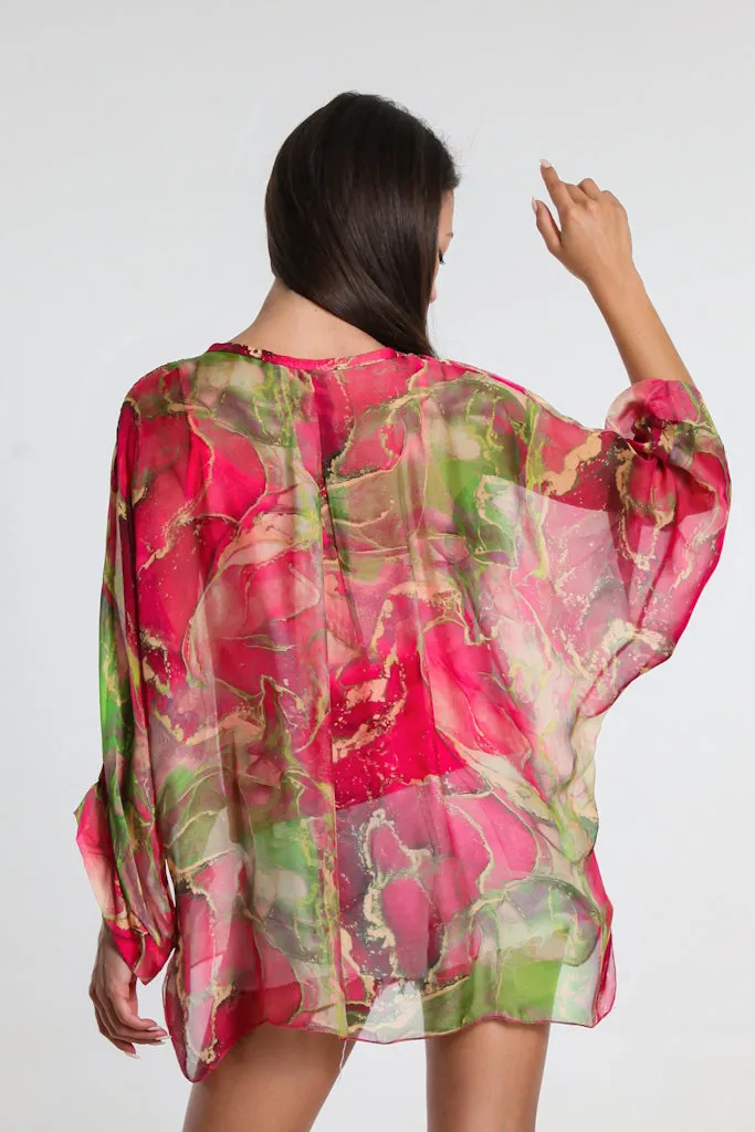 Rosana Marble Silk Sheer Blouse w/Tank (BQ240M)
