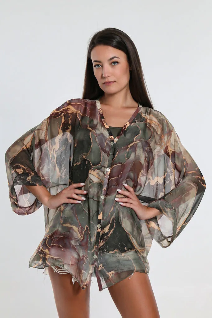 Rosana Marble Silk Sheer Blouse w/Tank (BQ240M)