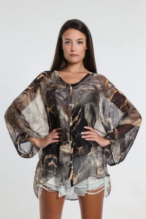 Rosana Marble Silk Sheer Blouse w/Tank (BQ240M)