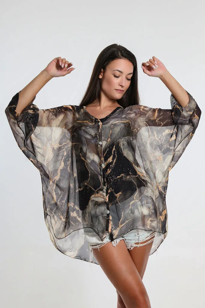 Rosana Marble Silk Sheer Blouse w/Tank (BQ240M)