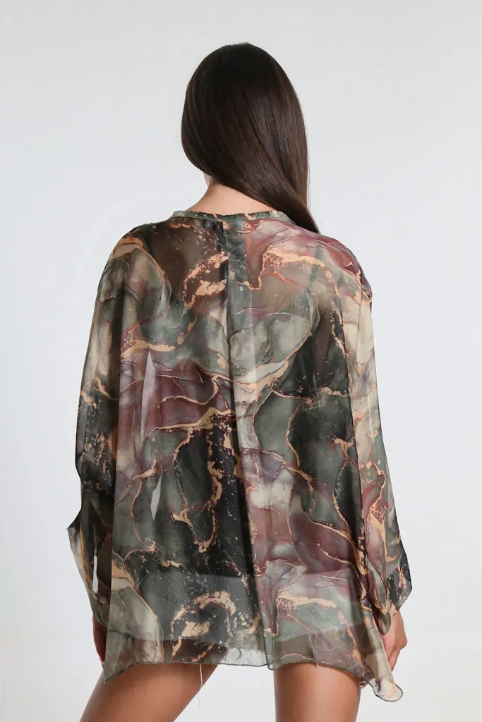 Rosana Marble Silk Sheer Blouse w/Tank (BQ240M)