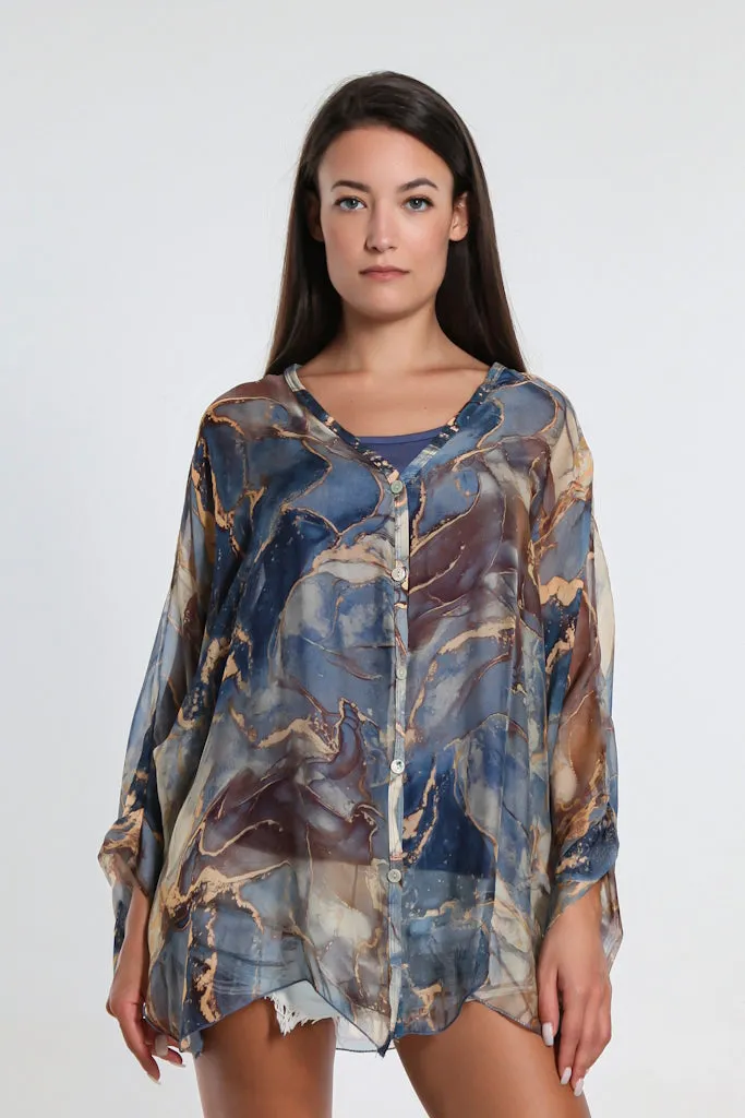 Rosana Marble Silk Sheer Blouse w/Tank (BQ240M)