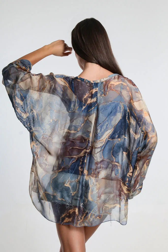 Rosana Marble Silk Sheer Blouse w/Tank (BQ240M)