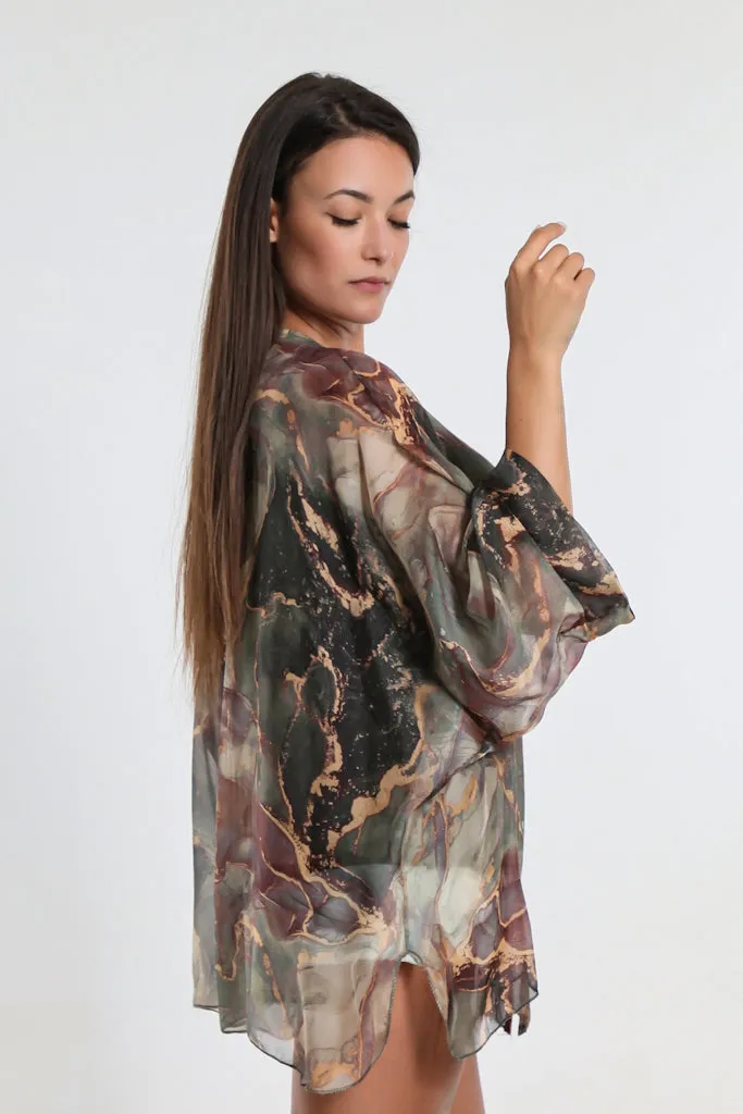 Rosana Marble Silk Sheer Blouse w/Tank (BQ240M)