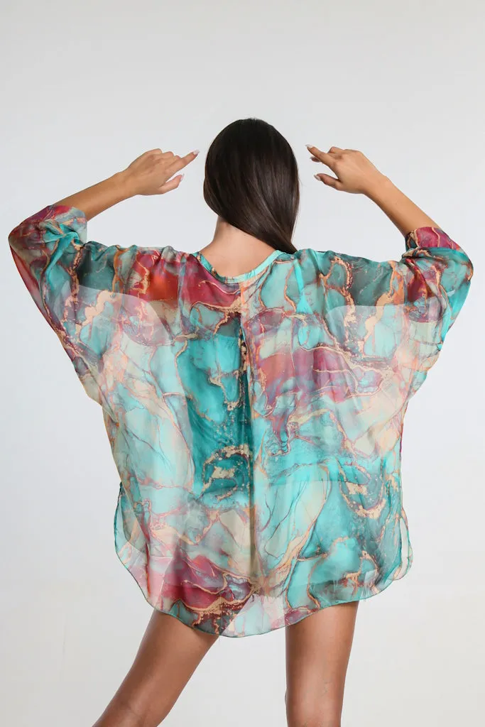 Rosana Marble Silk Sheer Blouse w/Tank (BQ240M)