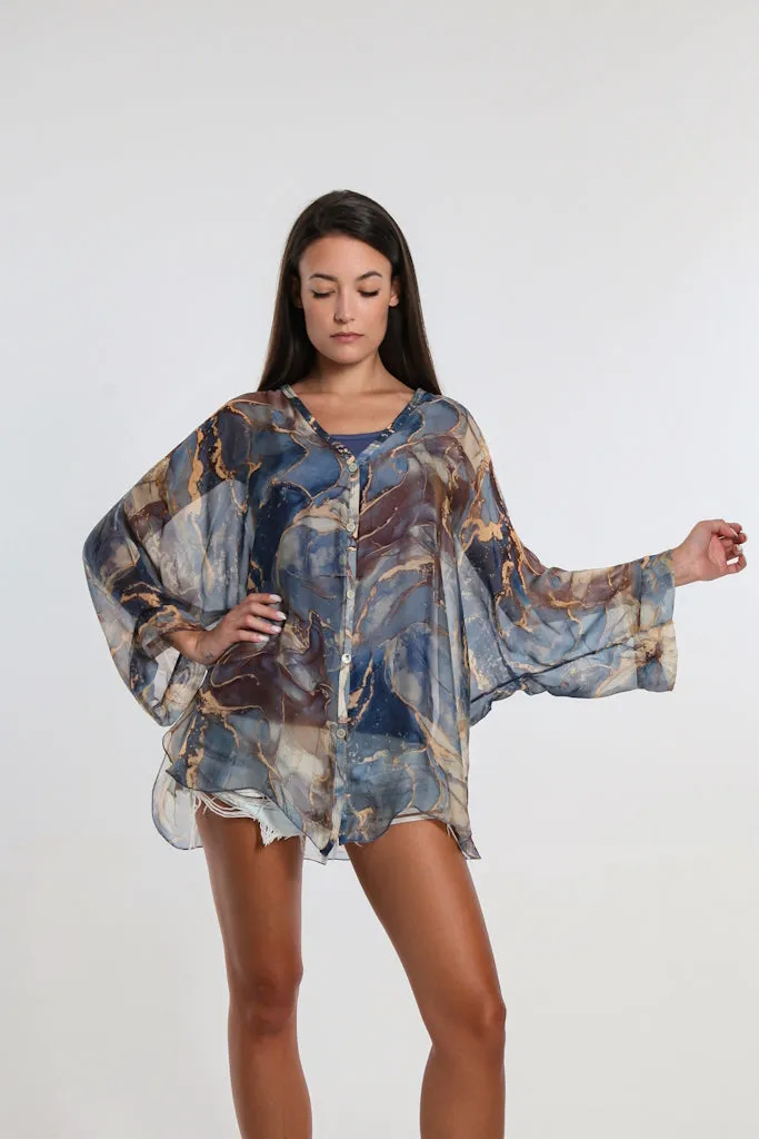 Rosana Marble Silk Sheer Blouse w/Tank (BQ240M)