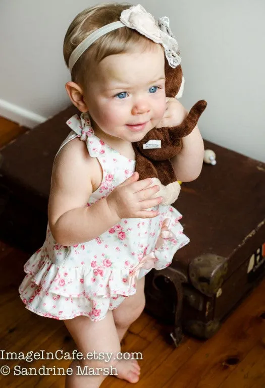 Ruffled baby romper sewing pattern ROSEBUD Romper baby sizes 3 months to 3 years.