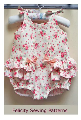 Ruffled baby romper sewing pattern ROSEBUD Romper baby sizes 3 months to 3 years.