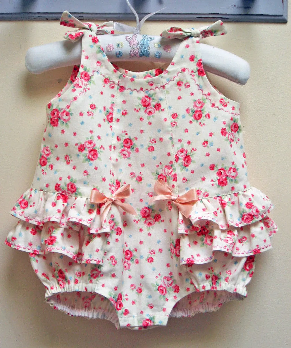Ruffled baby romper sewing pattern ROSEBUD Romper baby sizes 3 months to 3 years.