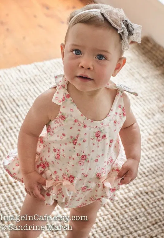 Ruffled baby romper sewing pattern ROSEBUD Romper baby sizes 3 months to 3 years.