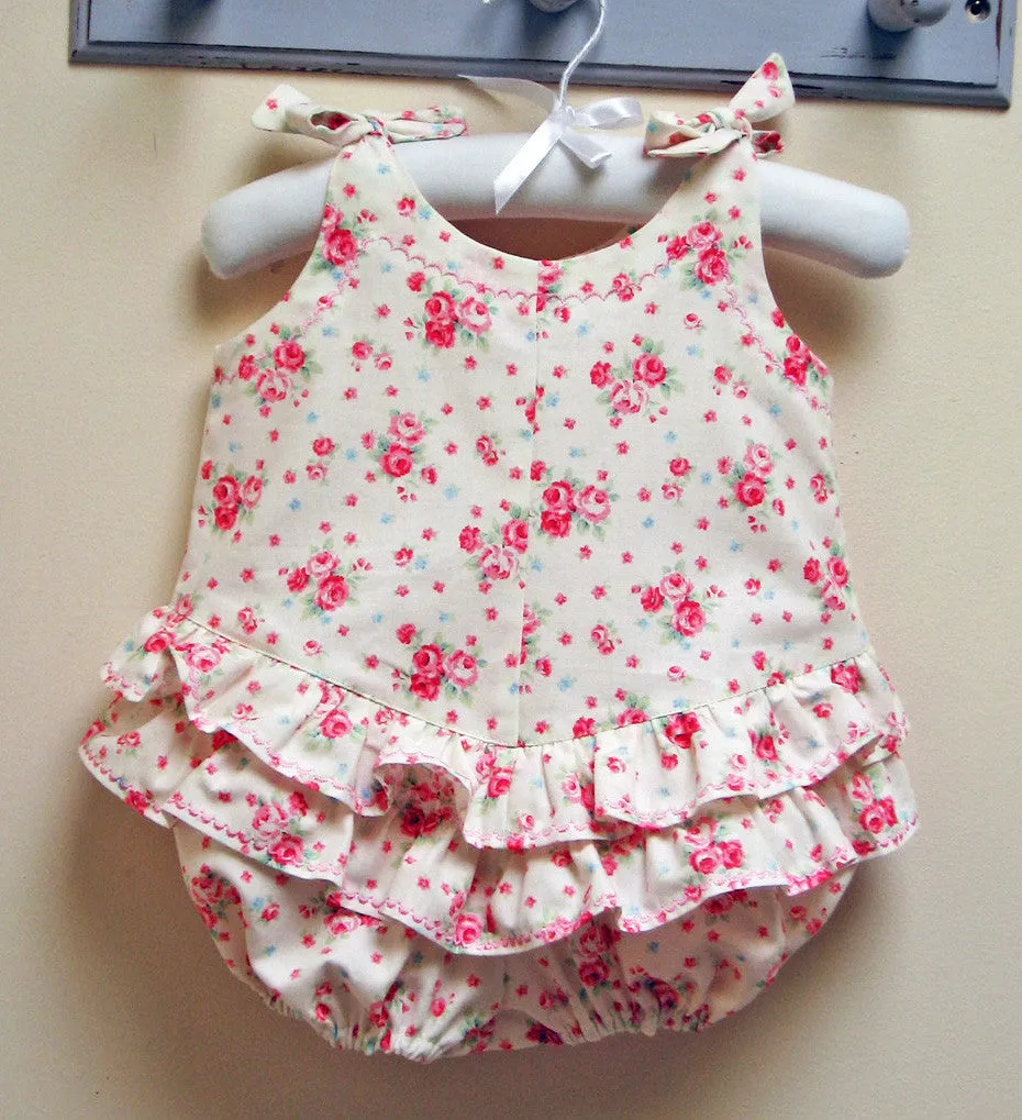 Ruffled baby romper sewing pattern ROSEBUD Romper baby sizes 3 months to 3 years.